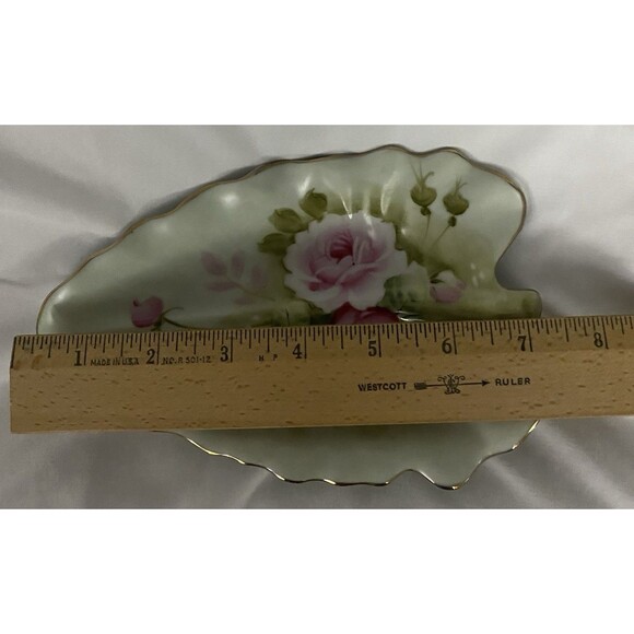 Lefton Heritage Green Pink Cabbage Roses Leaf Dish #1860 Gold Trim Japan Vtg - Picture 7 of 11